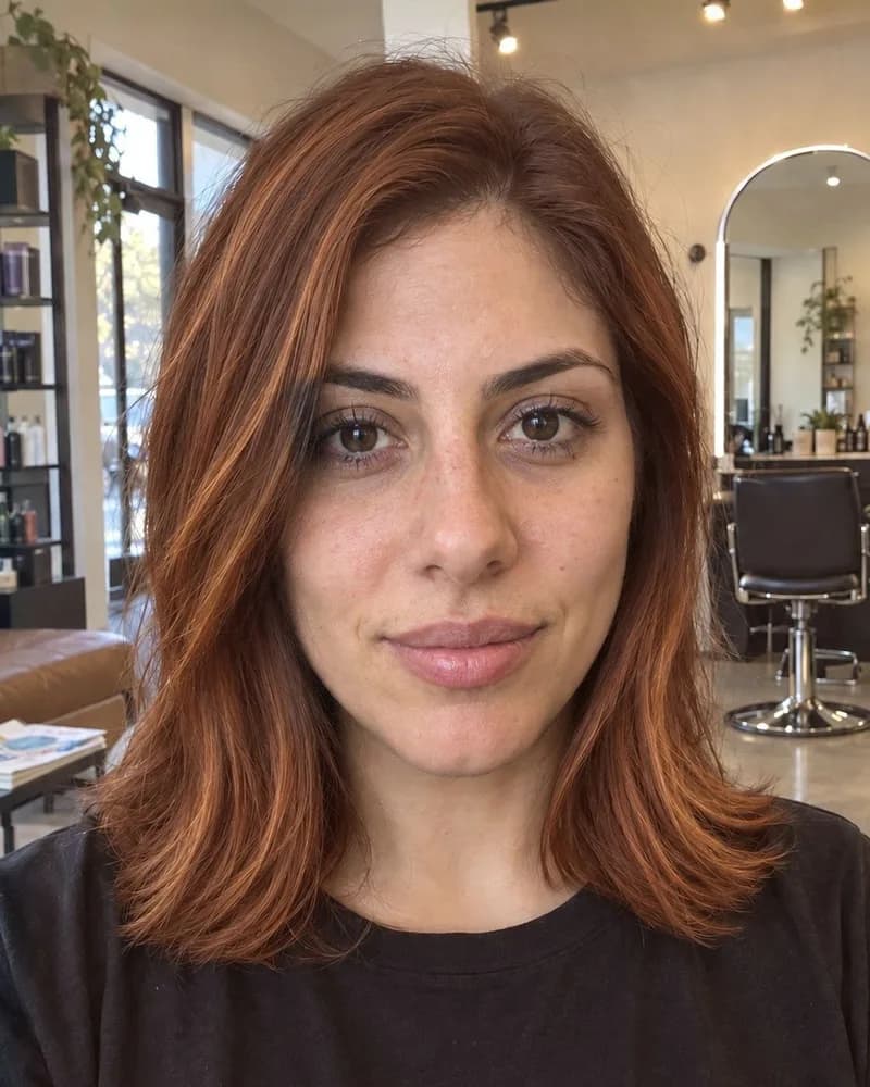 The same copper melt tried on a client's own photo — real HairReflect output on a synthetic model