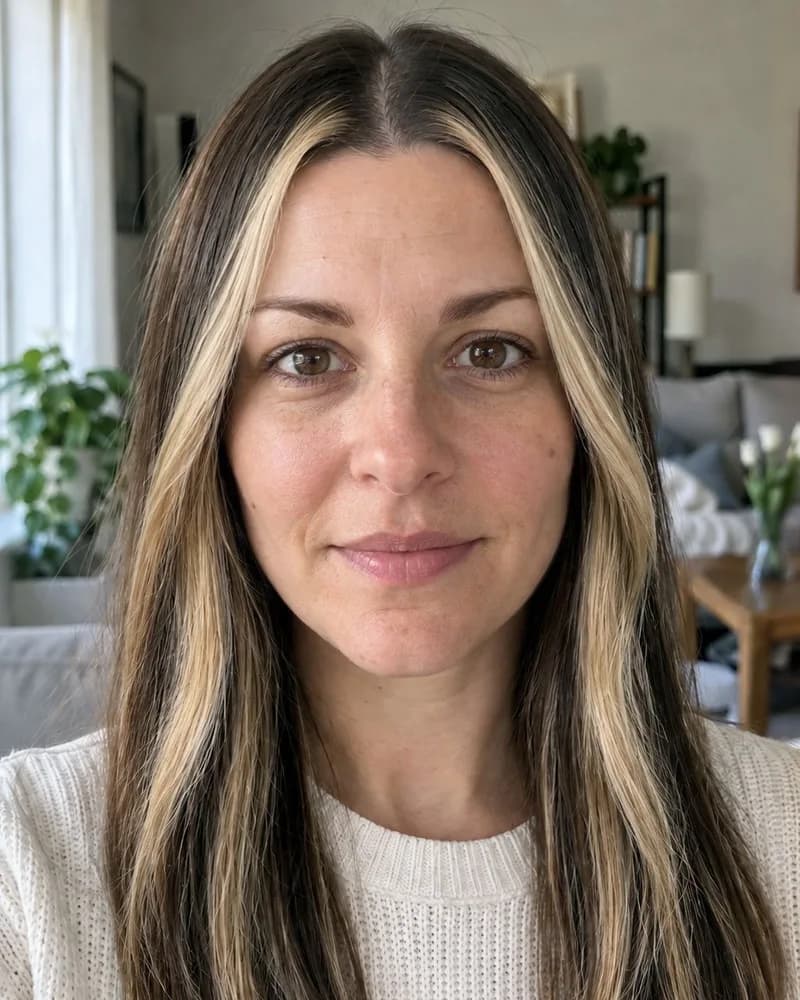 Synthetic model — after the money-piece highlights try-on (real HairReflect output)