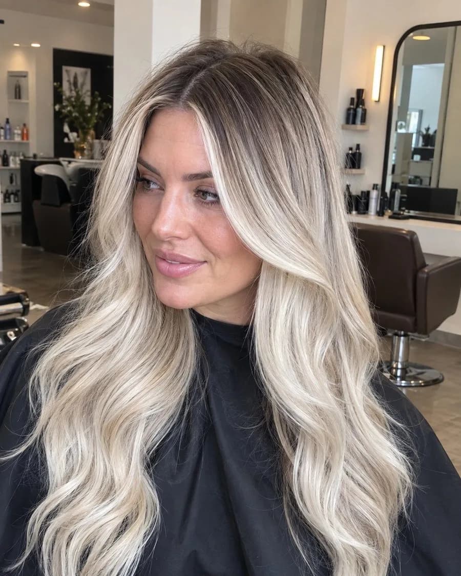 A salon's own blonde balayage transformation, photographed in the chair (synthetic model)