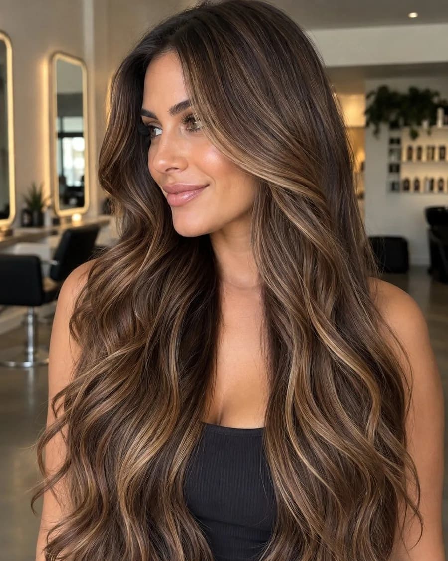 A salon's own long brunette transformation, photographed in the chair — the reference photo attached to a Signature Look (synthetic model)