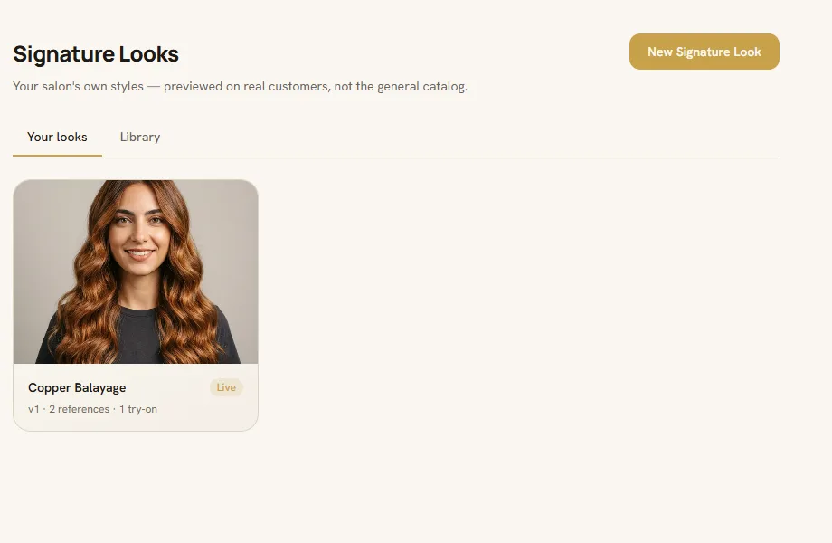 Product screenshot: the owner dashboard's Signature Looks list with the Copper Balayage look marked Live