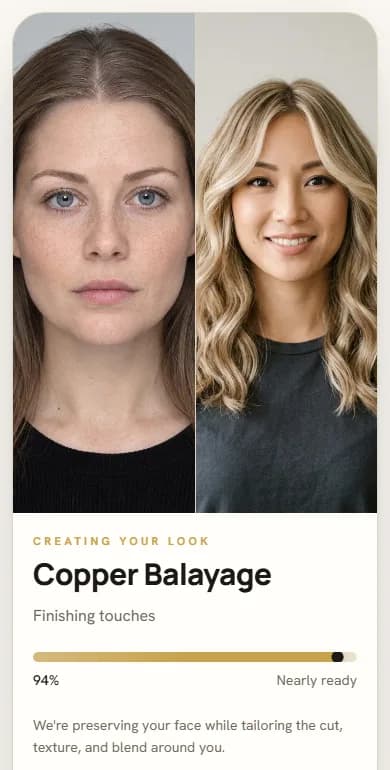 Product screenshot: the “Creating your look” screen on a client's phone — her photo beside the salon's catalogue image, a progress bar at 94% and “Nearly ready” (synthetic model)