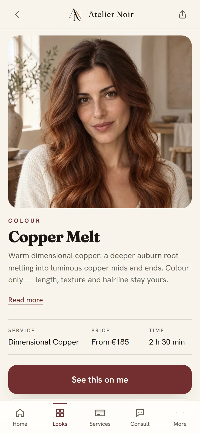 The Copper Melt page: service, price, time and “See this on me”