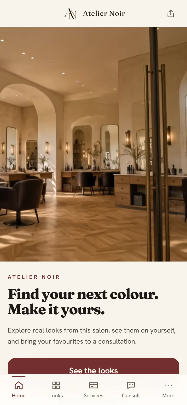 The salon's own storefront home page