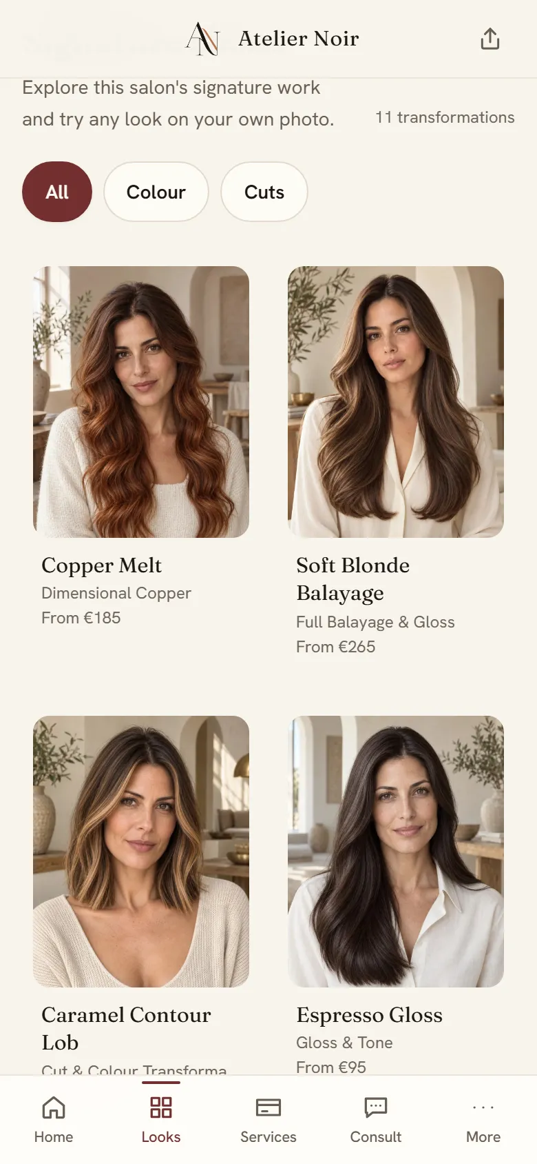 The salon's looks, each with its service and from-price